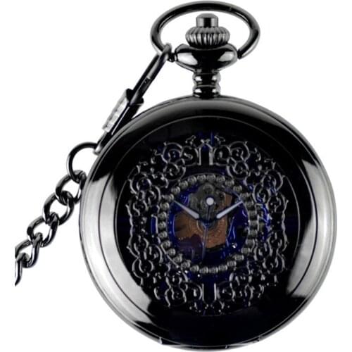 Black Vintage Skeleton Mechanical Pocket Watch Men Womens Necklace Pocket Watch With Chain Male Clock nightmare christmas Gifts