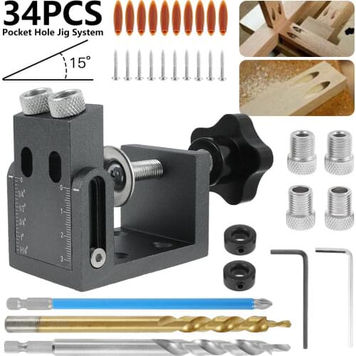Pocket Hole Screw Jig Woodworking Guide Positioner Aluminum Alloy 15 Degree Oblique Drill Angle Puncher Locator With Drill Bit