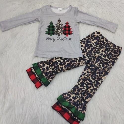 Best selling Christmas Tree Print Girls Outfit Leopard Bell Pants Set High Quality Kids Winter Clothing Set