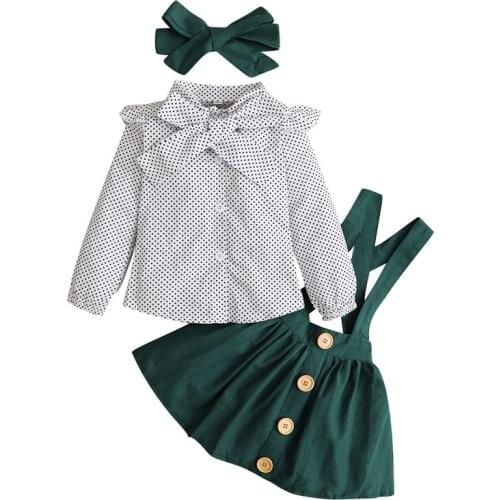 Baby Girls Clothes Set Polka Dot Print Long Sleeve Lapel Shirt Tops+Buttons Suspender Skirts+Headband 3PCS Casual Outfits Fall