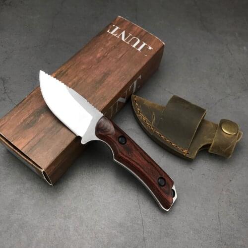 Multi-Purpose Straight Knife Fixed Blade Knife 2.79" S30V Drop Point, Stabilized Wood Handles, Leather Sheath - 15017