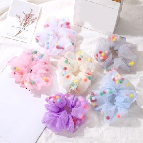 Fashion Organza Sheer Scrunchie with Color Mesh Gauze Ball Hair Ring Women Ponytail Hair Rope Bands Girls Sweet Hair Accessories