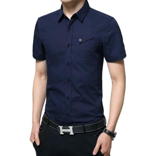 2021 New Mens Shirts Short Sleeve Solid Dress Shirt with Left Chest Pocket High-quality Male Casual Regular Tops Button Shirts