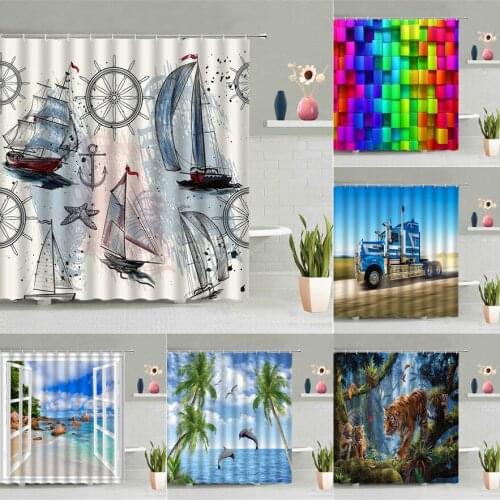 Ship Anchor Rudder Boat Shower Curtain Pirate Sailboat Starfish Bathroom Wall Hanging Curtains Waterproof Hooks Screen Decor Set