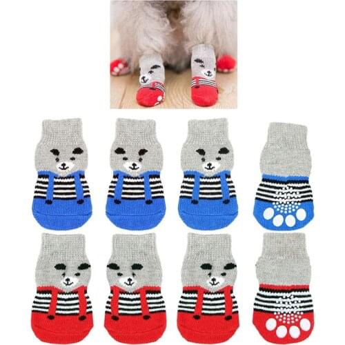 4pcs/Set Anti-Slip Dog Socks Cat Socks with Rubber Reinforcement Pet Paw Protector Cute Puppy Dog Knit Socks Indoor Wear