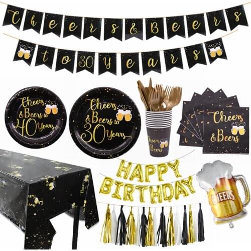 Black Gold 30 40 50 60 Happy Birthday Party Disposable Tableware Set Adult Birthday Balloon Decor Party Paper Tableware Supplies