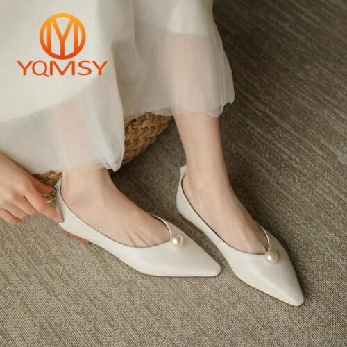 YQMSY New Office Lady Shoes Genuine Leather Handmade Pearl Pointed Toe Low-Heeled Flats Casual Spring/Autumn Shallow Flats AS80