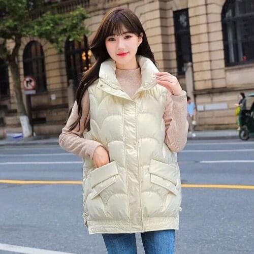 2021 Autumn Winter Korean Loose Womens Vest Down Cotton Bright Fabric Wearing Warm Vest Girl Outdoor Student White