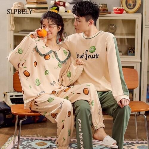 SLPBELY Couple Pajamas Set Night Suit Autumn Cartoon Avocado Lapel Long Sleeve Men And Women Sleepwear Lovers Homewear Pyjamas