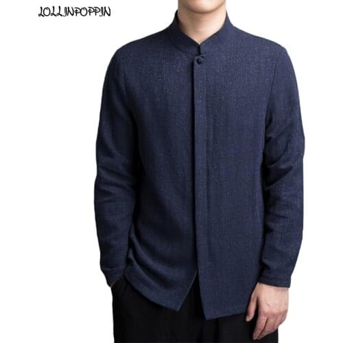 Jacquard Men Japan Style Stand Collar Cotton & Linen Shirt Long Sleeves Concealed Buttons Frog Closure Mens Casual Shirts