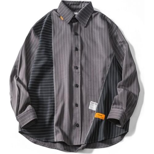 New Western Stylish Patchwork Striped Tide Mens Long-Sleeve Shirts Hip Hop Autumn Male Line Stage Youth Punk Shirt Streetwear