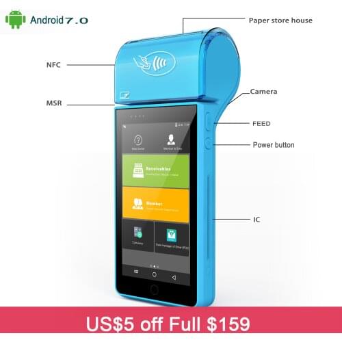 Rugline RP8050B 5 Inch Touch Screen Handheld 4G Andoid Mini Pos Machine with Bluetooth Wifi Thermal Mini Pos Printer