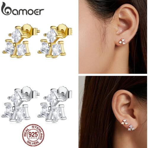 BAMOER Spanish 925 Sterling Silver Multiple Zircon Crystal Stud Earrings Two Colors Gold for Women Engagement Jewelry SCE1184-A