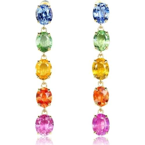 EDI Rainbow Colors Sapphire Drop Earrings Real 18k Yellow Gold Natural Sapphire Gemstone Earrings Jewelry Tassel Earrings
