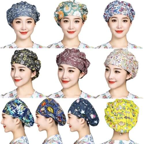 Women Printed Scrubs Caps Adjustable Sweatband Bouffant Hats Nursing Cotton Hats Pet Shop Beauty Salon Beauty Salon Workwear