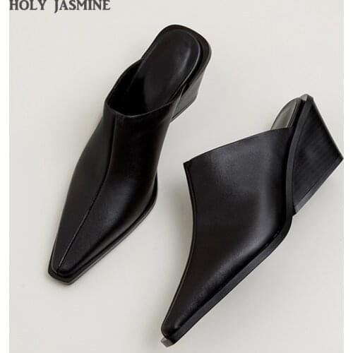 Brand New Ladies Genuine Leather Mules Fashion Med Chunky Heels Summer Wedges Slippers Women 2020 Casual Office Shoes Woman