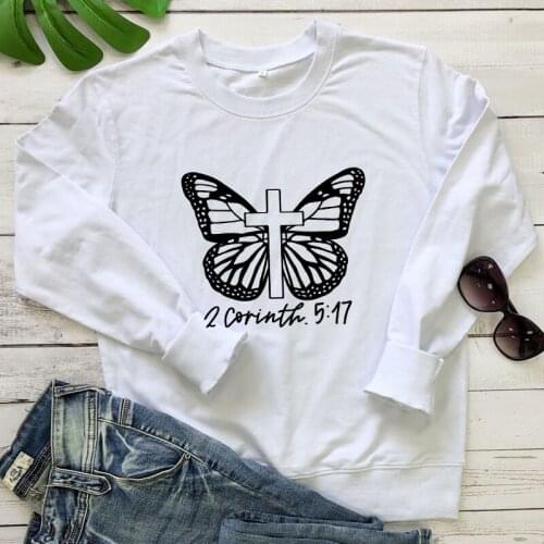 Butterfly Cross 100% Cotton Sweatshirt Vintage Women Long Sleeve Jumper Christian Kindness Pullovers Streetwear