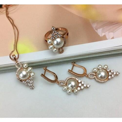 Yuminglai Fashion Design High Quality Imitation Pearl Pendant ,Earrings and Ring Jewelry Set for Woman FHK10371