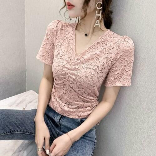 Summer Sexy V-neck Lace hollow Women Short sleeve Slim Breathable Tshirt Tops Large size
