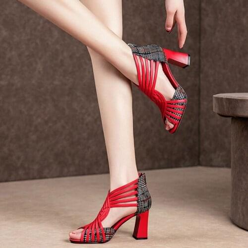 2020 NEW Gladiator Shoes Woman High Heeled Sandals Women Summer Heels Square Heel Peep Toe Wild Joker Back Zip Red Black White