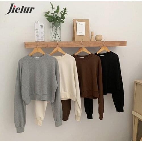 Jielur Hoodies Women Solid Color Autumn Winter Korean Loose Harajuku Kpop Short Womens Pullover Chic O-neck Sweatshirt Women