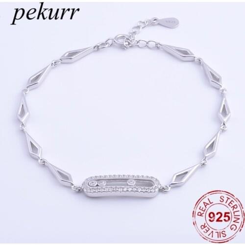 Pekurr Cubic Zirconia 925 Sterling Silver Hollow Oval & Movable Zircon Bead Bracelets Charms For Women Quadrilateral Chains