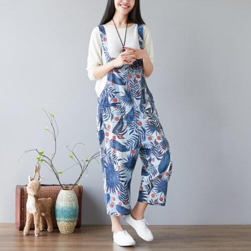 Women Leaves Print Holes Ripped Vintage Denim Jumpsuits ladies Loose Retro Cute Overalls pants Female Bleached Rompers 2018