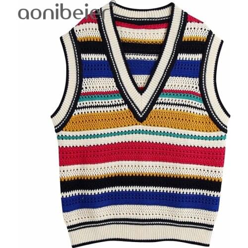 Aonibeier 2021 Za Woman Casual Traf Pull Autumn Sleeveless Striped Patchwork Open Knit Jumper V Neck Loose Sweaters Gilets Vest