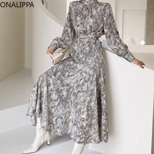 ONALIPPA Dresses for Women Retro Korean Chic Autumn French Elegant Blooming Ink Printing Tie Waist Long Long-sleeved Vestidos
