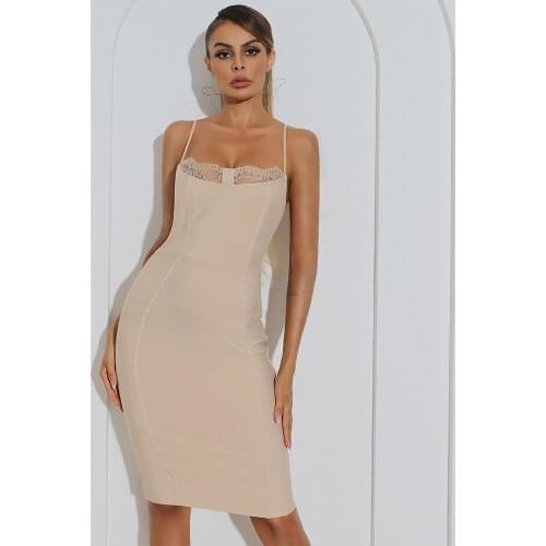 Women Summer Style Sexy Sleeveless Backless Lace Beige Bodycon Bandage Dress 2021 Designer Elegant Evening Party Dress Vestido