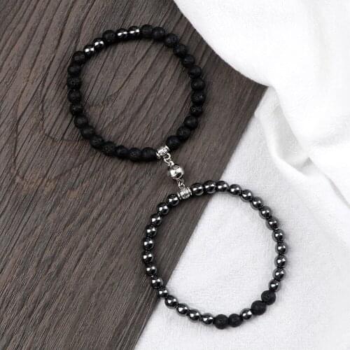 2Pcs/Set Couples Magnet Pendant Bracelet 6MM Lava Turquoises Spacer Natural Stone Bangles Handmade Meaningful Pulsera Gift New