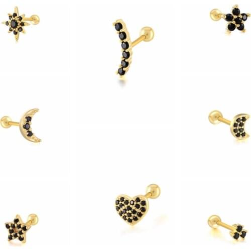 2pcs Moon and Star Woman Piercing Earrings 925 Sterling Silver Cartilage Stud Earring Bling Zircon Pendientes Fine Jewerly Gift