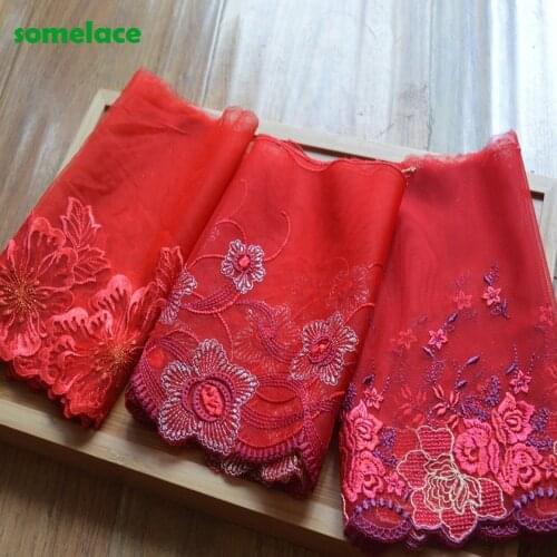 2Yds/lot 16-19cm Wide Red Mesh Fluorescent Red Floral Pattern Embroidery High Quality Lace Trim For Garments Wedding 20204119