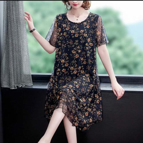 2021 New Summer Middle Aged Women Loose Mesh Midi Dress Female Casual Printing Floral Plus Size Vintage Dresses Vestidos X76