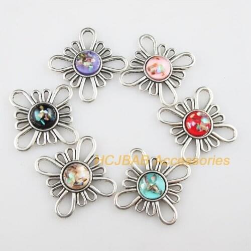 6 New Clover Flower Resin Connectors Shivering Mixed Charms Tibetan Silver 31.5mm