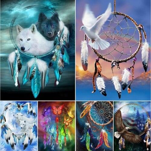 5D DIY Diamond Painting Full Square Dreamcatcher Wolf Cross Stitch Kit Diamond Embroidery Animal Mosaic Pattern Crystal Decor
