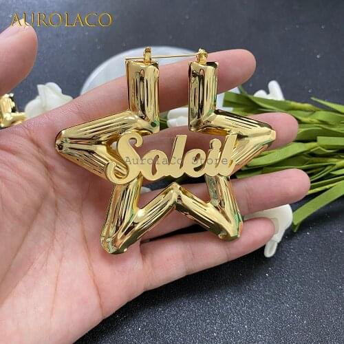 AurolaCo 55/80mm Custom Bamboo Earrings Stainless Steel Star Shape Earrings Custom Name Earrings Hip hop Earring for Women Gift