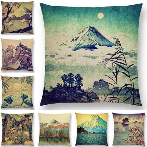 Sakura Hot Spring Pillow Cover Landscape Painting Cushion Cover Four Seasons Nature Scenery Fuji Mountains Sofa Pillow Case