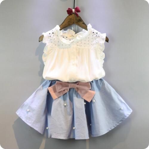 2-8 Years Kids Clothes for Girls The Bow Skirt and Lace Top Summer Suit Korean Style Childrens Clothing Sets Baby Toddler Set