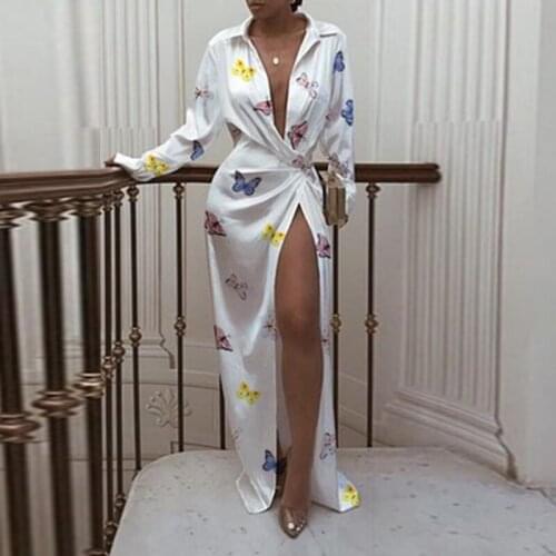 Elegant Ladies Autumn Print A Line Maxi Dress Female Fashion Sexy Party Dress Butterfly Slim Dress For Women With Slit Vestido