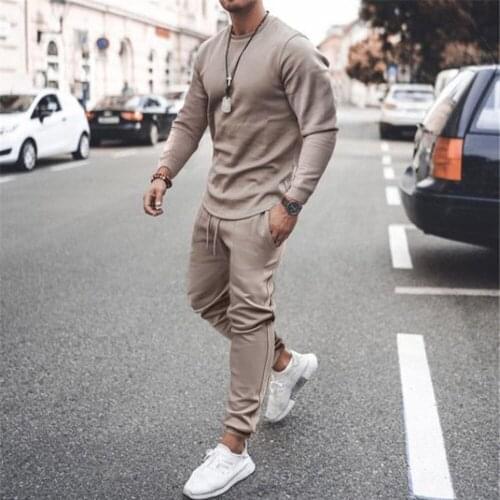 2021 Autumn New Men Casual Pants Sets Long Sleeve O Neck Shirt +Solid Pant Male Tracksuit Set Mens Clothing 2 Pieces Sets
