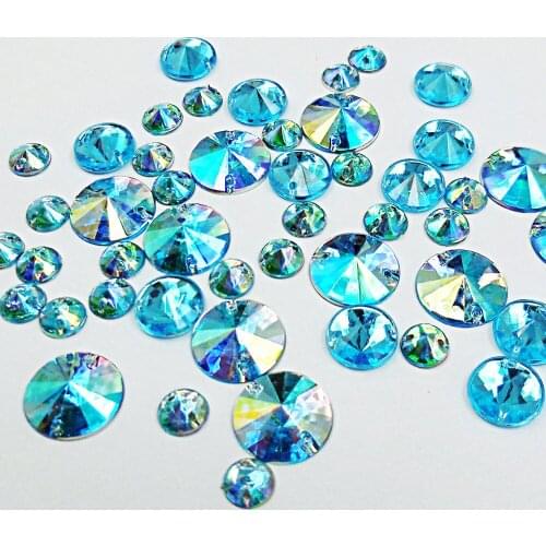 ROUND 16mm 12mm 8mm Acrylic Baby Blue Flatback AB Rhinestones Sew on For Diy Stage Women Wedding Dress Clothes Party Decoration