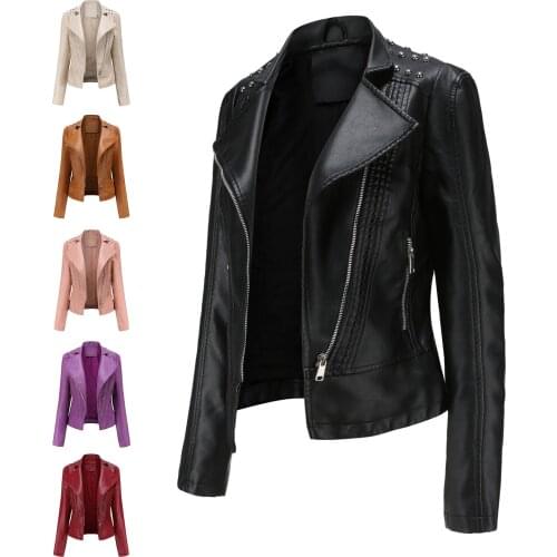 Womens Leather Jacket Womens Slim Thin Coat Womens Motorcycle Clothes 2021 New Spring and Autumn Sleeve Style Collar Material