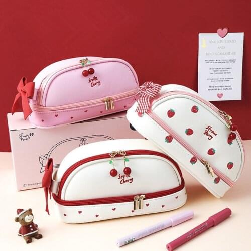 MINKYS Kawaii Big Capacity PU Leather Cherry Bear Pencil Case Doubel Layer Pen Pouch Storage Bag School Stationery Supplies