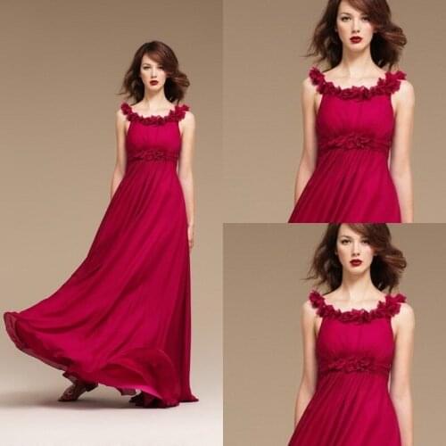 2015 new style Hot sale red chiffon long evening dresses Sexy beautiful flowers party gowns graceful beach vestido de festa
