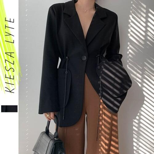 Women Chic Black Blazer Casual Drawstring Single Button Office Ladies Pockets Suit Jacket Female 2020 Spring New Blazers
