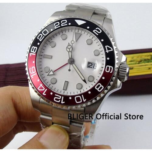Sapphire Glass BLIGER 43mm White Sterile Dial Black Red Bezel GMT Function Luminous Marks Automatic Movement Mens Watch B313