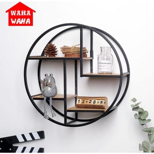 Nordic Wall Decoration Storage Shelf Storage Rack Wall Hanging Frame Iron Solid Wood Partition Board Circular Living Room Decor