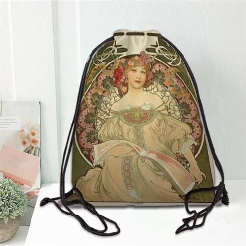 Alphonse Mucha Drawstring Bag Portable Lightweight Backpack Bag Travel Sport Outdoor Hiking Storage Bag Silk Fabric Bag 20201102
