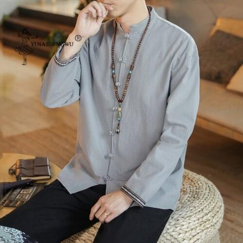 Japanese Mens Shirt Long-sleeved Shirt Casual Loose Collar Shirt Japan Harajuku Cotton and Linen Mens Solid Color Kimono Men